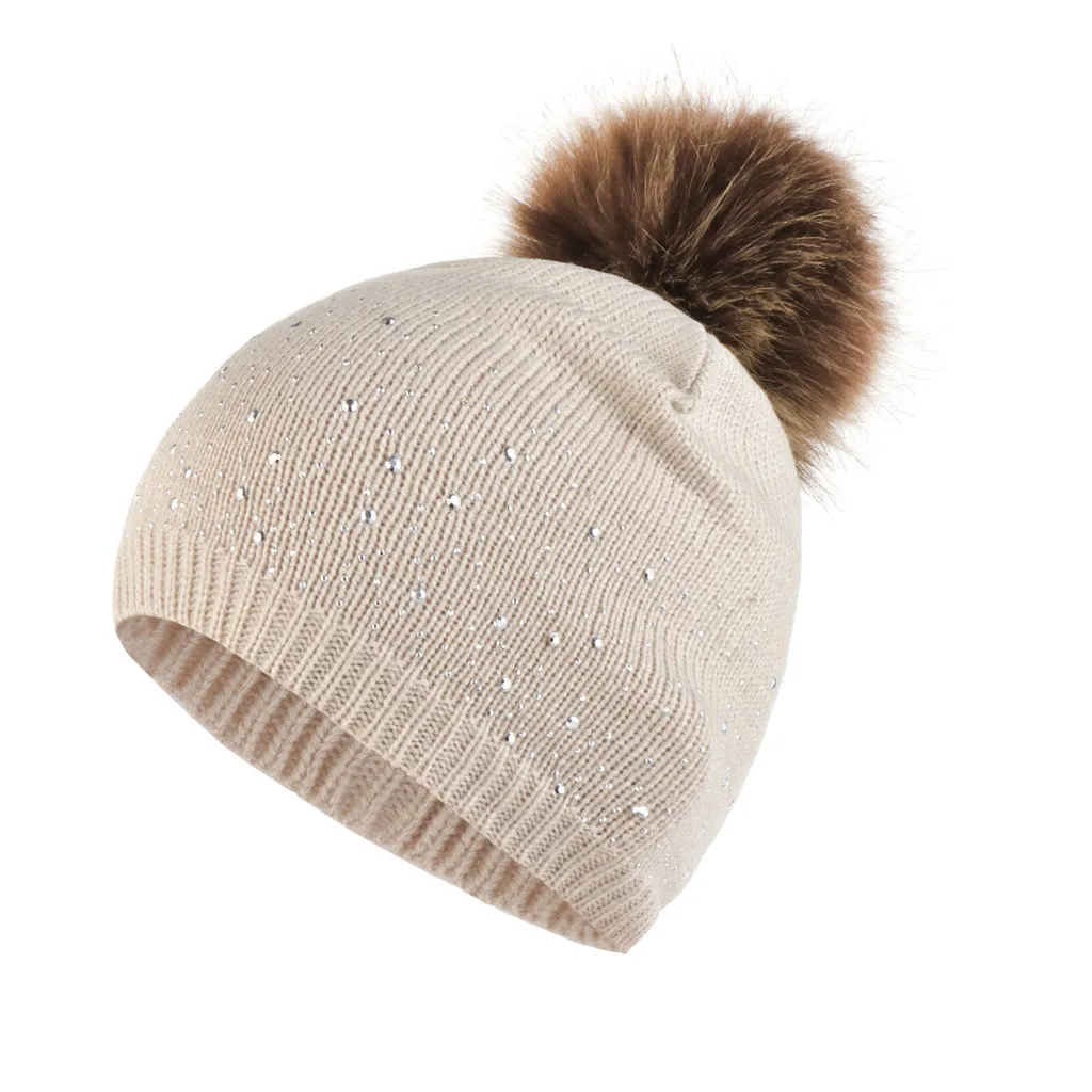 

On Selling Fashion Women Navy Knitting Wool Hemming Hat Knitting Wool Rhinestone Keep Warm Winter Fur Ball Casual Cap #LR1