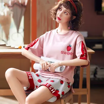 

Summer Women Fashion Sweet Strawberry Printed Nightwear Short-Sleeved Shorts Home Pajamas Set