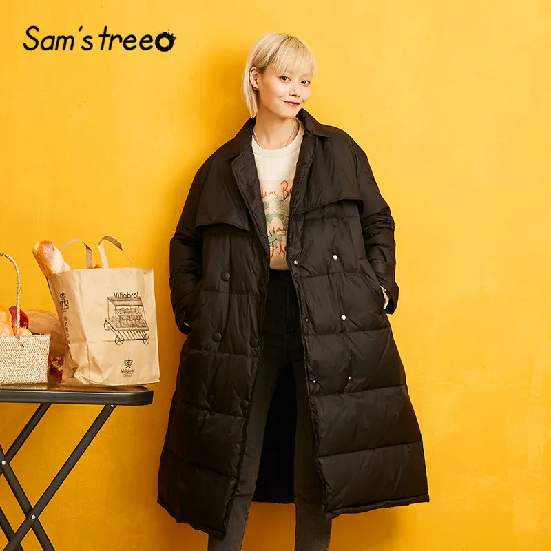 

SAM'S TREE Black Solid Double Breasted Belted Straight Warmness Down Coat Women 2019 Winter Oversive Office Ladies Outwears