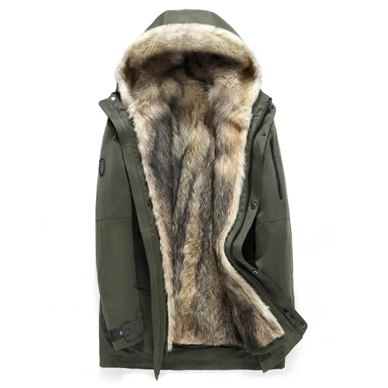 army green Пальто с натуральным мехом, зимняя куртка, Мужская Роскошная парка из волчьего меха, Мужская одежда, мех кролика, рукав, теплое длинное пальто размера плюс - Цвет: army green