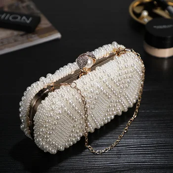 

Women Fashion Evening Handbag Pearl Diamond Studded Pure Color Lady Girl Clutch Purse Crossbody Shoulder Handbag Party Bag