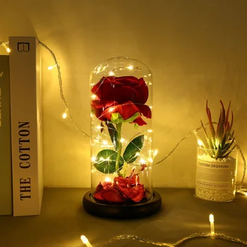 

Beauty Red Rose LED Light With Round Glass Wooden Base Gifts Suitable Women's Home Decoration Holiday Party Wedding Decor