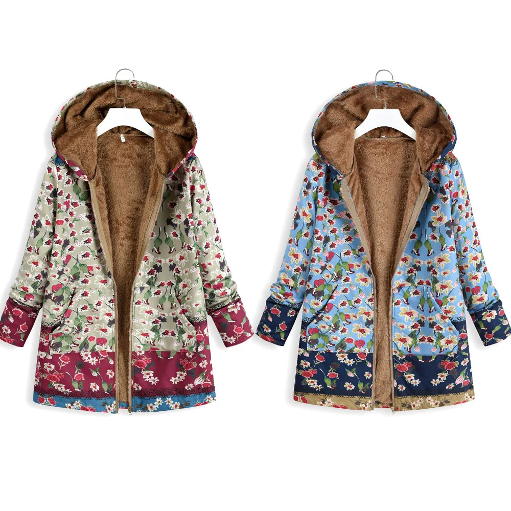 

Vintage Hooded Coat Retro Oversized Pocket Jackets WoMen Winter Warm Floral Print Casual Thin Fleece Pullover Coats