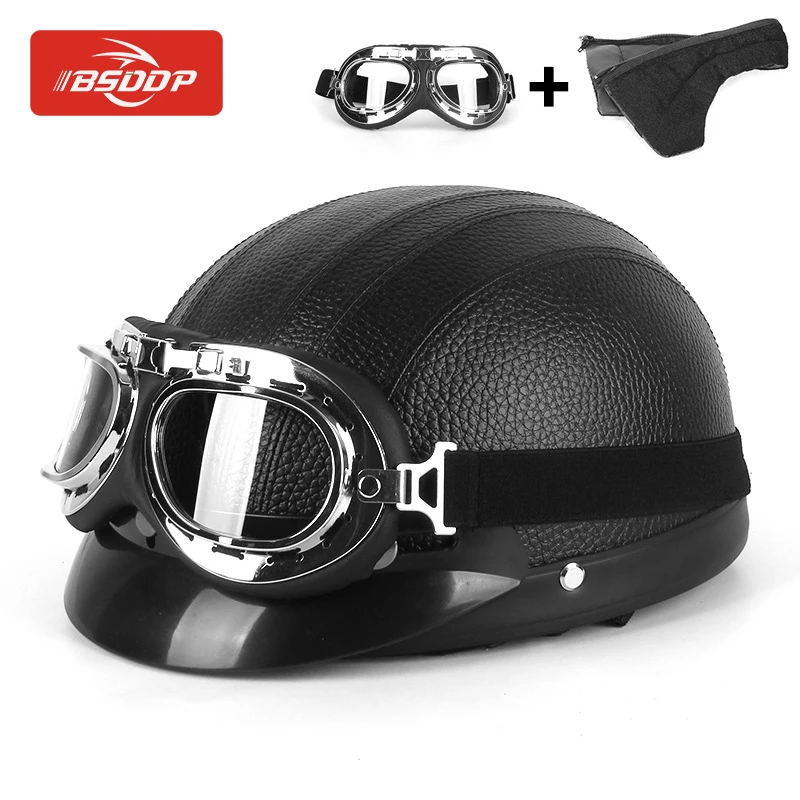 Мотоциклетный шлем открытый Электрический велосипед Скутер велосипед Путешествия ретро-шлем+ очки для Harley-Davidson Road King Classic - Цвет: Черный