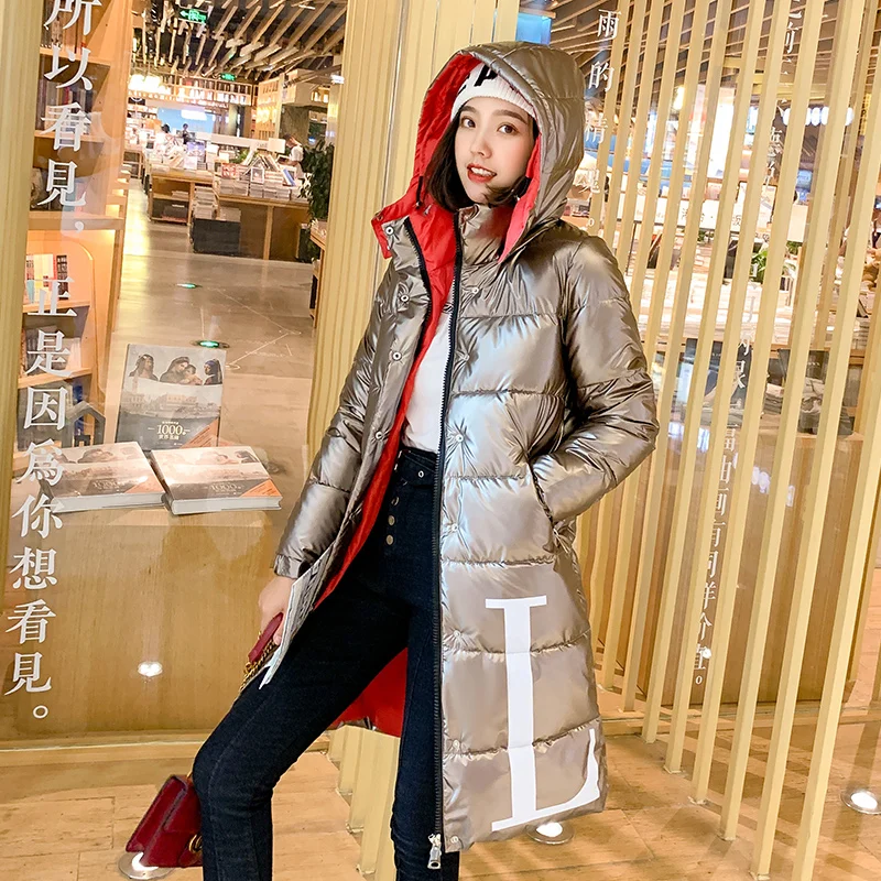 Зимние пальто для женщин цвета металлик длинная куртка с хлопковой подкладкой теплый глянцевый воротник с капюшоном Женская парка Mujer Invierno