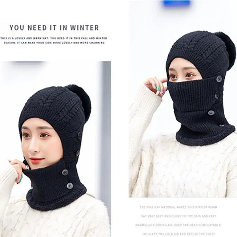 MISSKY Lady Warm One-piece Women Hat-Mask-Scarf Winter Thicken Knitting Wool Ball Riding Outdoor Beanies For Female