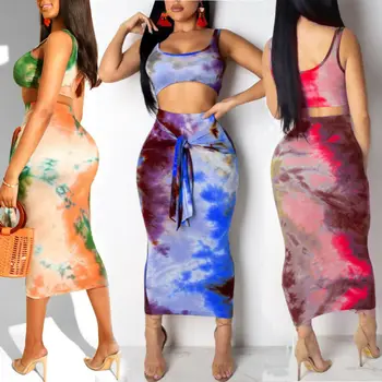 

Women 2Pcs Crop Top Midi Skirt Bodycon Dress Summer Slim Fit Party Set 3 styles