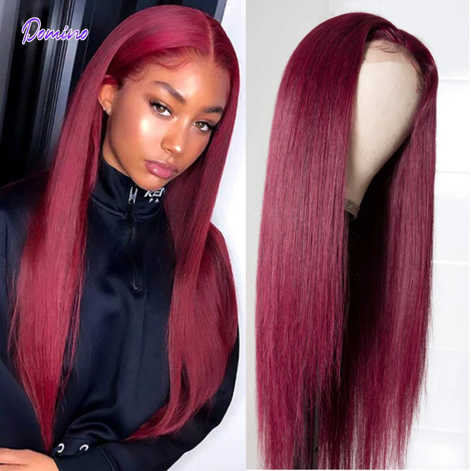 Peruvian Straight Hair 13X4 Lace Front Wig Human Hair Wigs 99J Red Burgundy Pre-Plucked 180% Remy Human Hair Part Wigs
