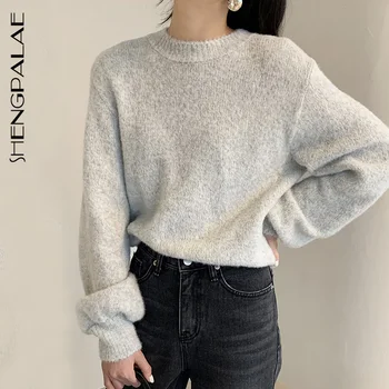 

SHENGPALAE Korean 2020 Autumn Round Neck Pullover Loose Solid Color Casual All-match Warm Long Sleeve Knitted Sweater ZT1012