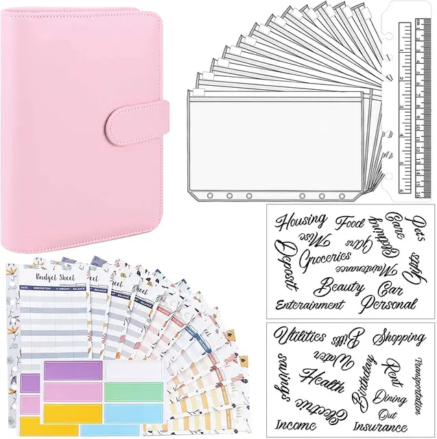 15 Pieces Binder Budget Planner Cash Envelope Binder with Budget Envelopes A6 Binder Pockets Cash Envelope Wallet for Budgeting Pink -29pcs
