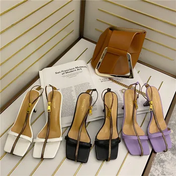 

Women Sandals Zipper Design Fashion Women Slides Square Open Toe Solid Color Sandals Party Dress Shoes Woman Purple Sandals