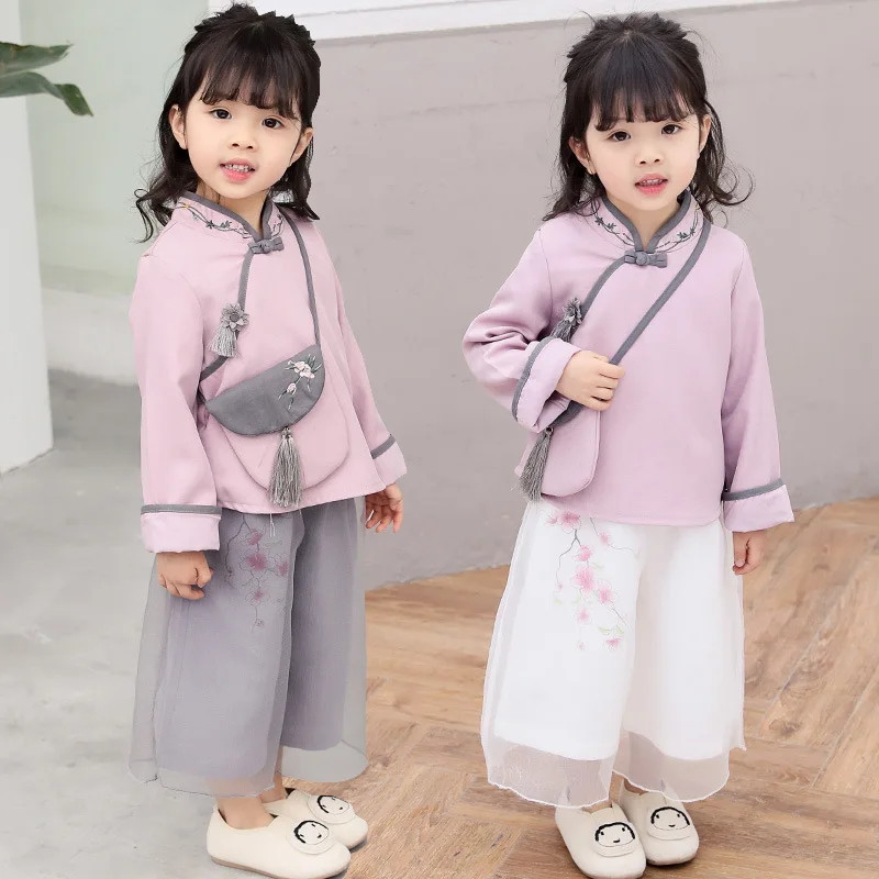 

Spring And Autumn National Wind Female Baby Chinese Clothing Embroidery Cotton Set Children Cute Long Sleeve Two-Piece Set
