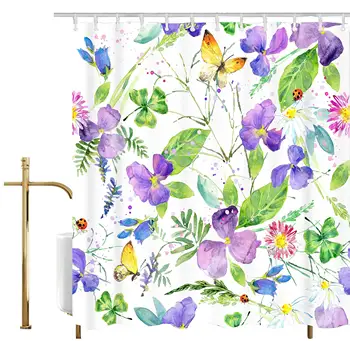 

Watercolor Elements Purple Violet Multi Flower Green Leaves Yellow Butterfly Shower Curtain Set with Hooks