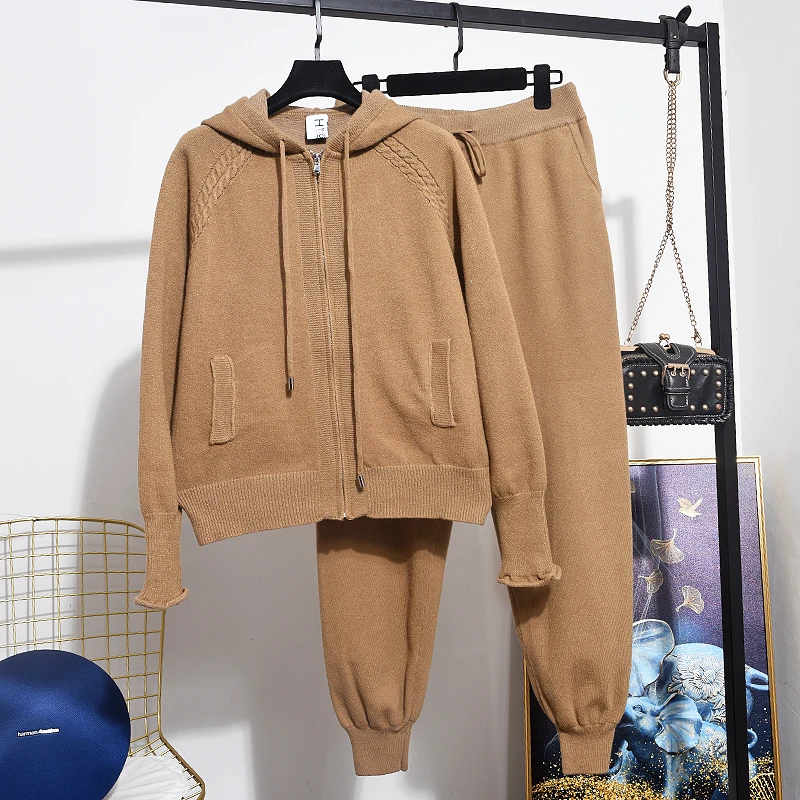 

Fashion New 2020 Spring Two Piece Set Women Hooded Loose Long Sleeve Knitted Sweater + Casual Little Feet Knit Pants Set D3625