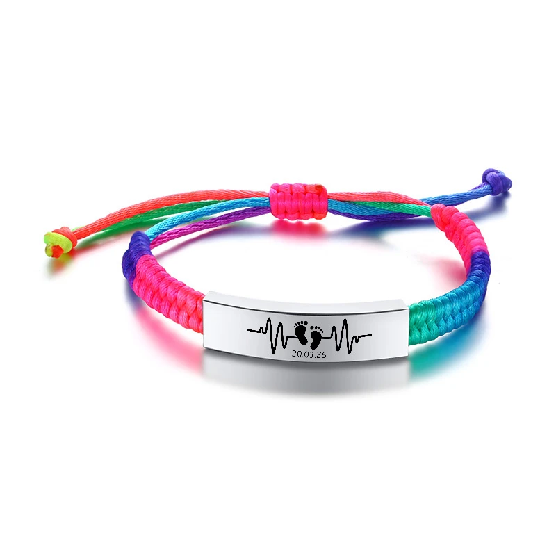 Kids Custom Name Date Rainbow Woven Bracelet Engraved Electrocardiogram Footprint Stainless Steel Rope Braided Bracelets Gift