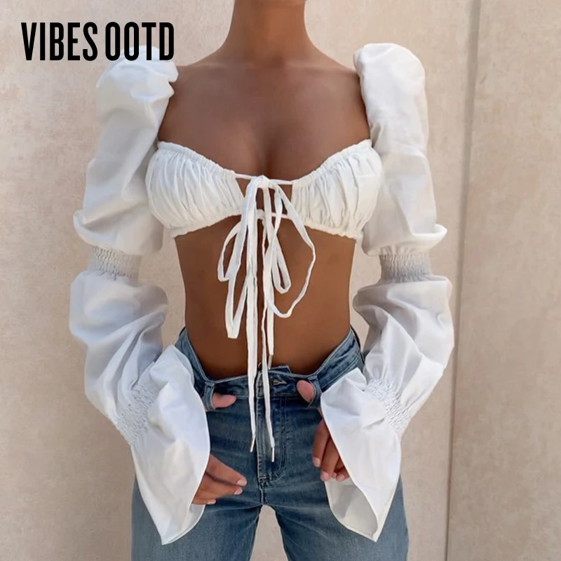 

VIBESOOTD Shirred White Tie Front Top Women Blouse Shirts Elegant Hot Sexy Backless Bubble Sleeve Fashion Crop Tops Blusas