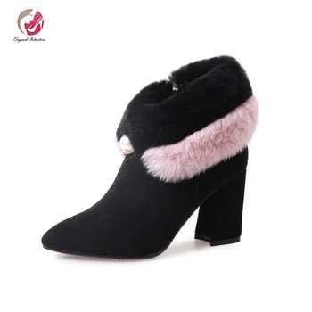 

Original Intention Winter Black Pink Match Faux Fur Ankle Boots Woman Concise Pointed Toe Square Heel Stylish Warm Shoes Woman