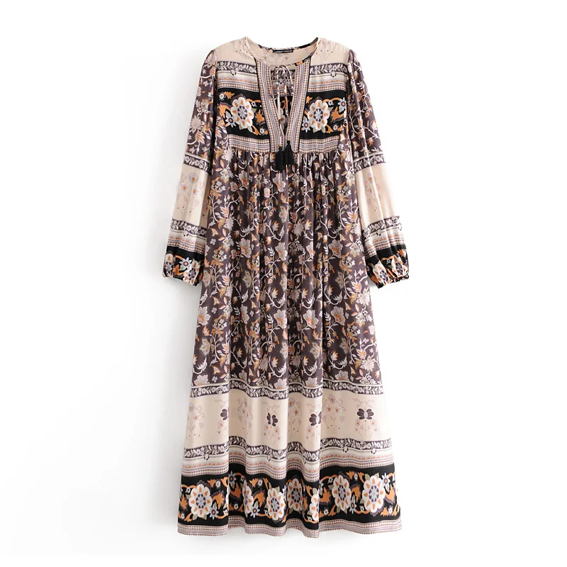 Vintage chic women long sleeve neck tie Ethnic grey floral print beach Bohemian maxi dress Ladies rayon Boho dress vestidos