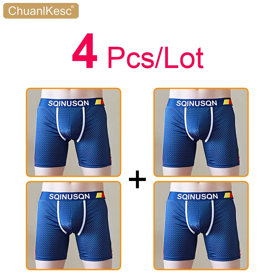 4 Pcs/Lot Men's Long Boxers New Mesh Underwear Cool And Breathable Large Size Anti Abrasion Leg Sports Shorts Newly Launched 3