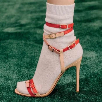 

Red Nude White Mixed Color Three Buckles Open Toe Leather Thin Heels High Heel Woman Sandals Sexy Party Dress Shoes Lady