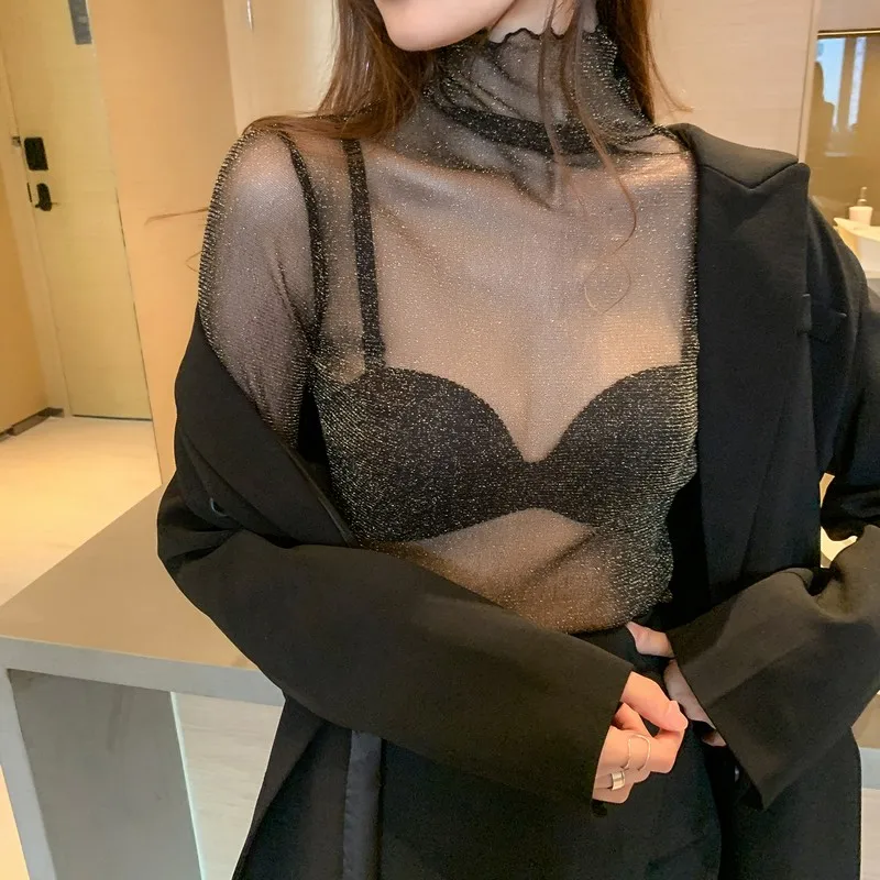 Girls Mesh Blouses Tees Female Autumn Transparent Full Sleeve Elegant Stretchy Turtleneck Shirts Tops Undershirts For Women 3