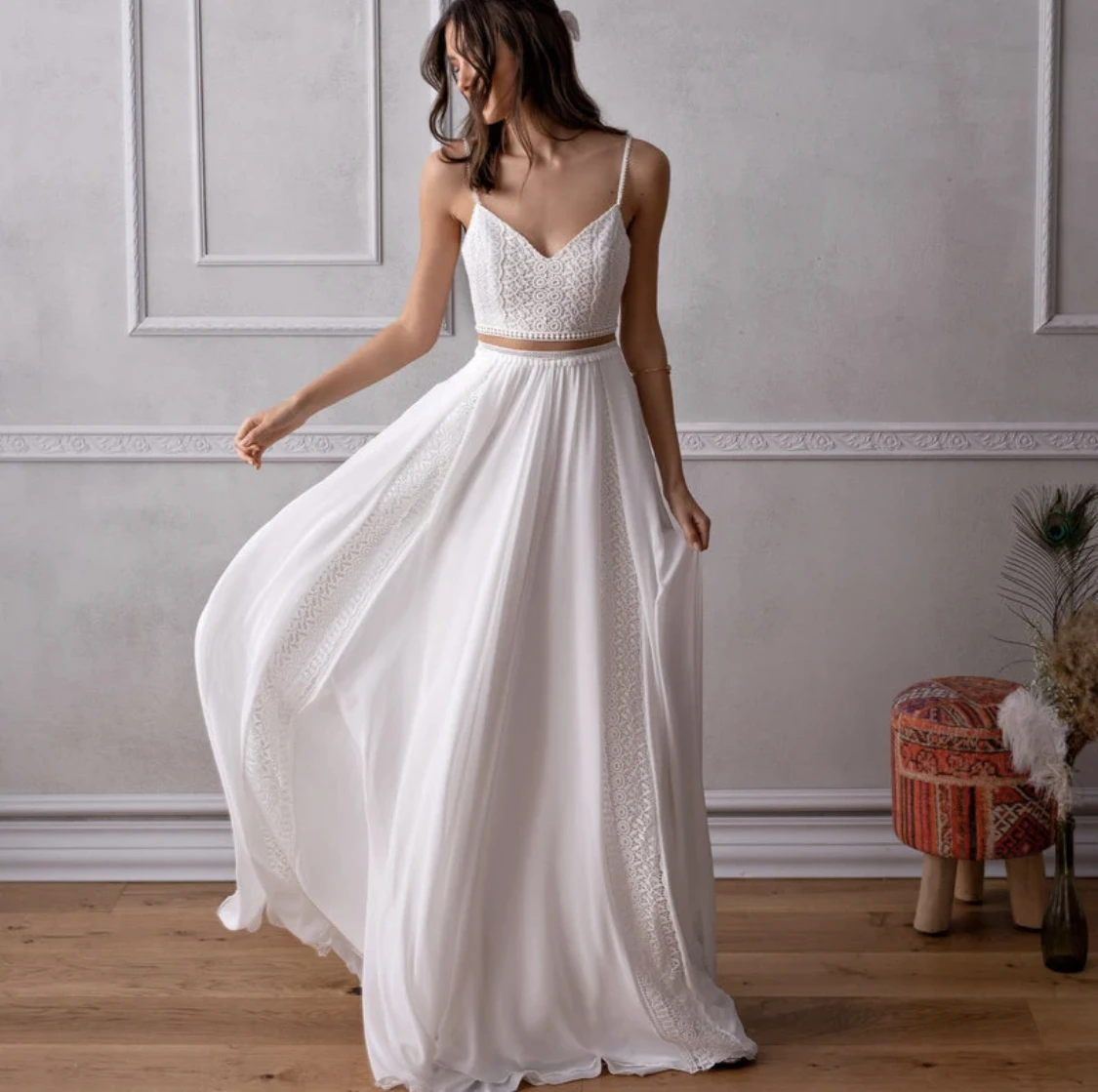 2024 Simple Boho Wedding Dresses 2 Pieces A-Line Spaghetti Straps Backless Sleeveless Elegant Bridal Gowns Vestidos De Noiva New elegant wedding dresses 2021 simple sweetheart lace appliques sleeveless tulle a line beach bridal gowns vestidos de noiva