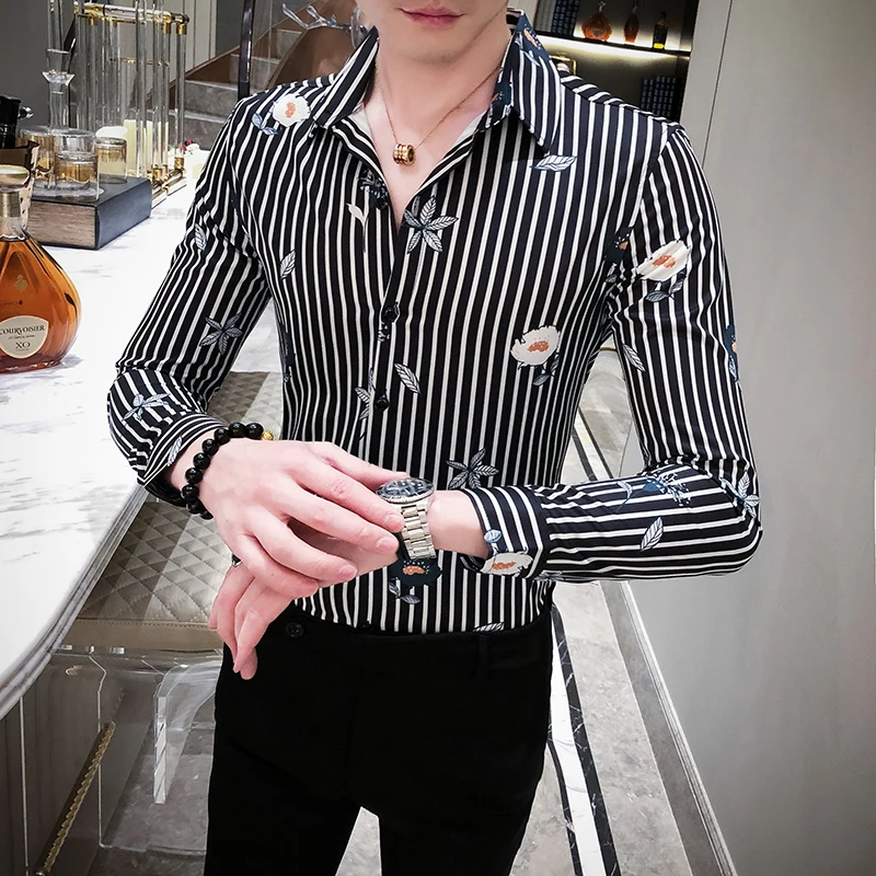 Полосатая Мужская рубашка Camisa Social Masculina с длинным рукавом, мужская рубашка Chemise, Весенняя Мужская рубашка, Повседневная приталенная Мужская Клубная рубашка на выпускной