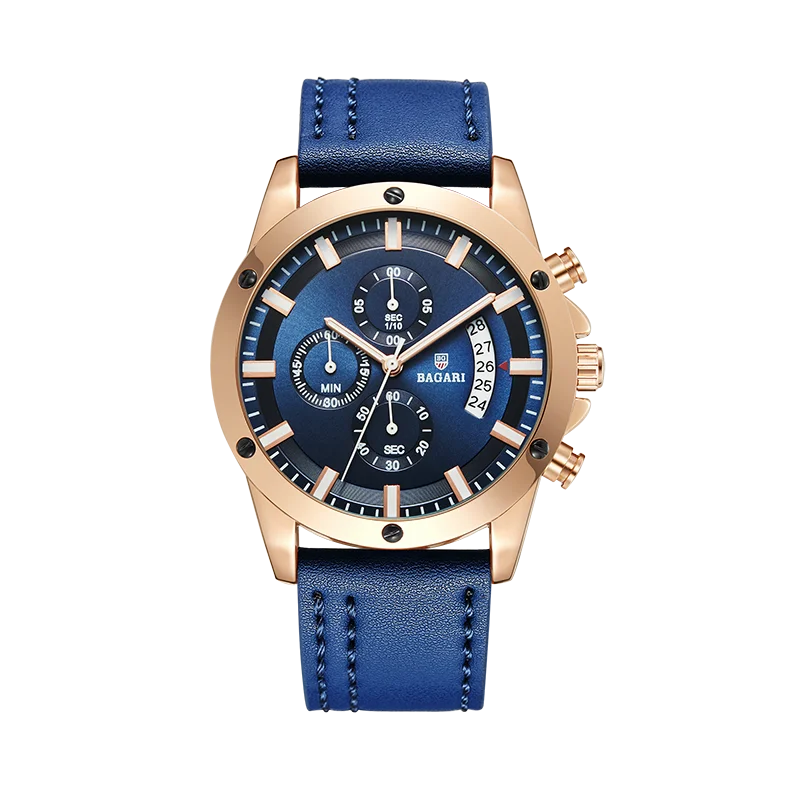 BAGARI, мужские часы, модный кожаный ремешок, кварцевые мужские часы, повседневные, деловые, мужские наручные часы, спортивные часы, Montre Homme - Цвет: Blue Ribbon
