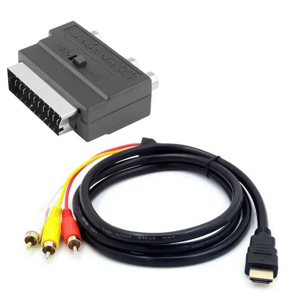 Черный с переходником SCART на 3 RCA Phono 1080p HDMI-совместимый S-video AV аудиокабель для