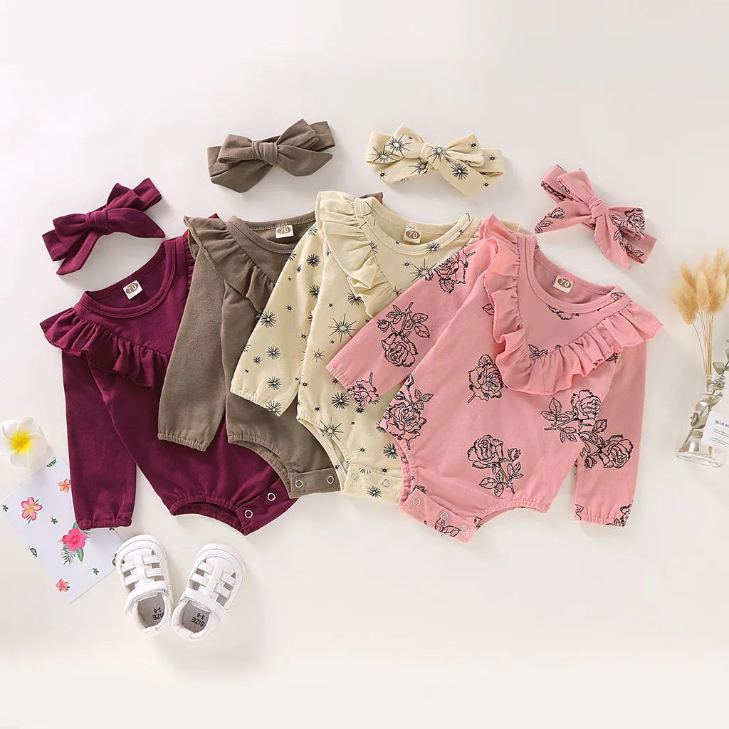 

Newborn Baby Girl Clothes Long Sleeve Floral Bodysuit Autumn Spring Outfit Ruffles Cute Casual O Neck Newborn Baby Clothing 1T