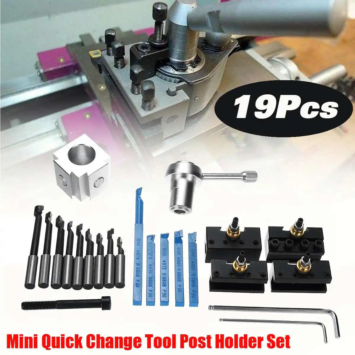 

19PCS Mini CNC Lathe Tool Holder Tool Post Holder Screw Kit Set + 3/8'' Boring Bar + Indexable 3/8" Holder Wrench
