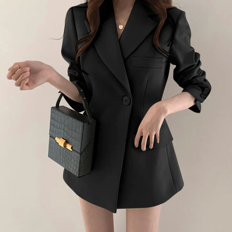 Women Long Blazer Cool Work Jacket Casual Slim Fit Khaki Black Autumn 2020 for Office Ladies Tunic Outwear with Pockets