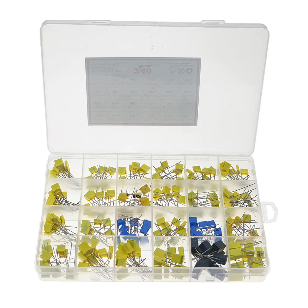 240pcs/BOX 63V 100V 24Value 1nF-1uF Polypropylene Film Capacitor Correction capacitor package kit Polypropylene Safety Plastic Film Capacitor Kit polypropylene film capacitor