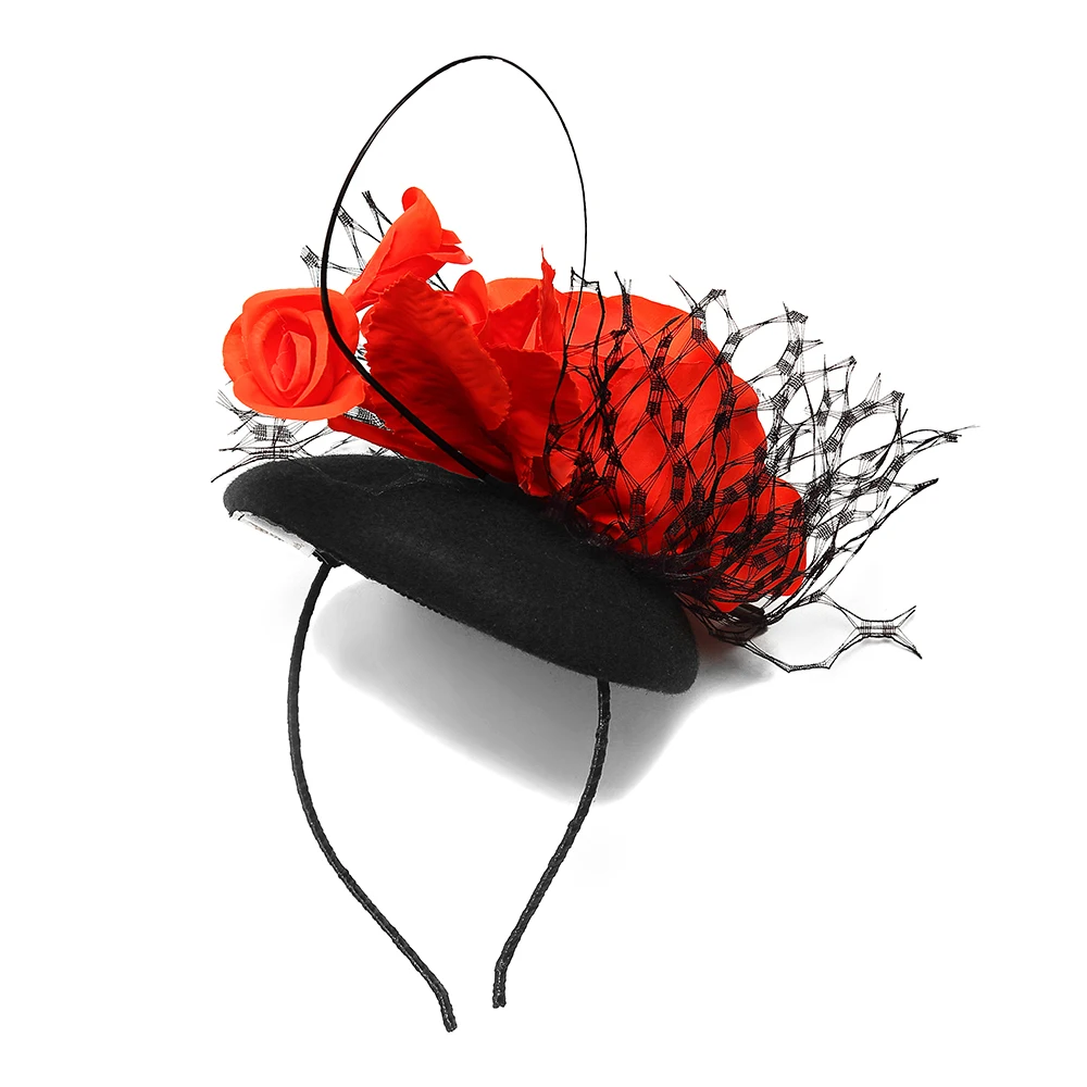 Brand New Wool Fedora Hats Black With Red Fascinator Flower Decoration Wedding Woman Elegant Felt Hat Winter Party Prom Top Hat
