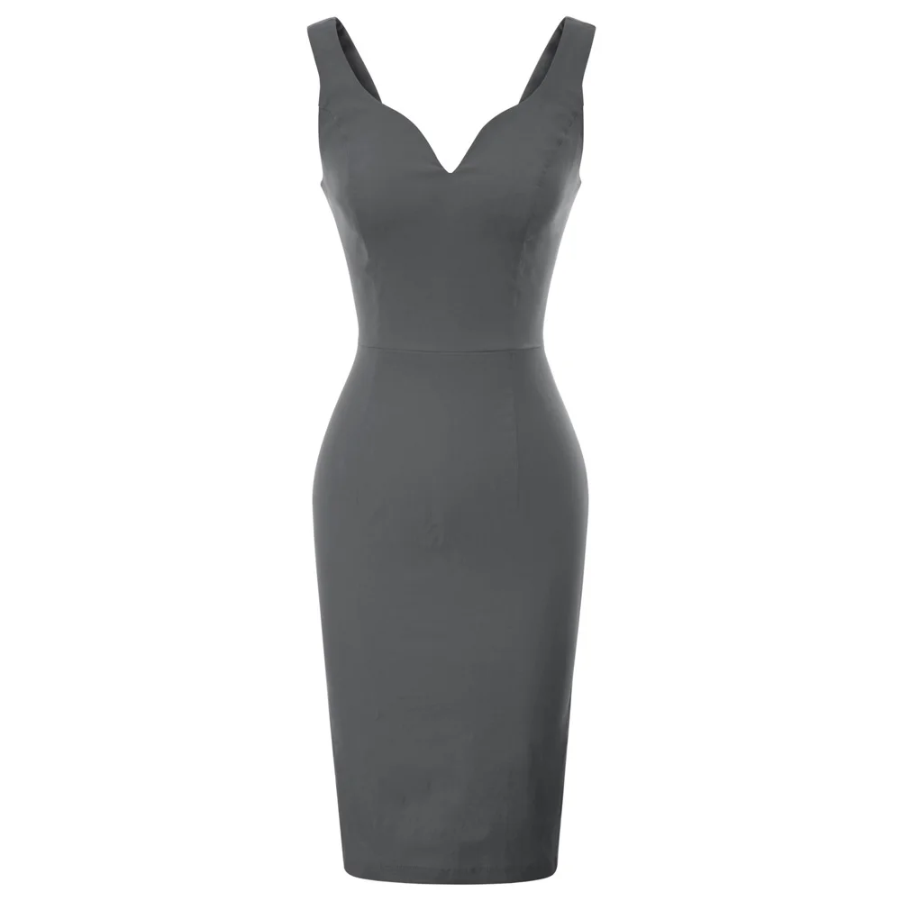 Женское платье без рукавов однотонное облегающее с v образным вырезом и бедрами