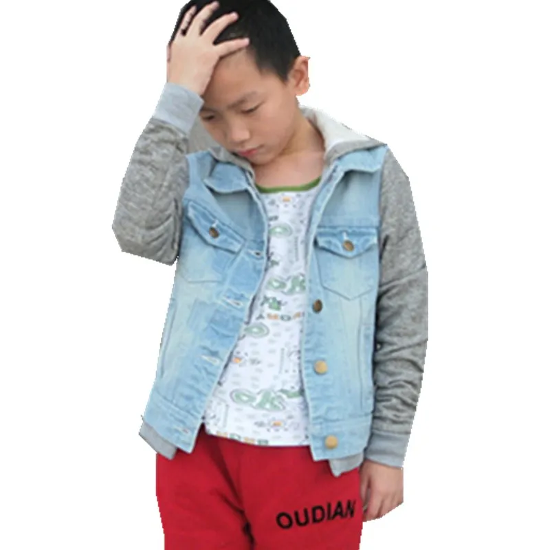 

Men Jackets Spring Autumn Fake Two Pieces Patchwork Denim Hooded Jacket Causal Coat Outwear Male Teen denim jacket Cowboy wear