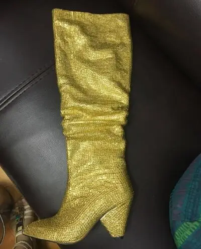 Glliter Bling Luxury Crystal Long Boots Rhinestone Spikes High Heels Slip-On Knee High Boots Party Shoes Woman Color: as - Цвет: as pic