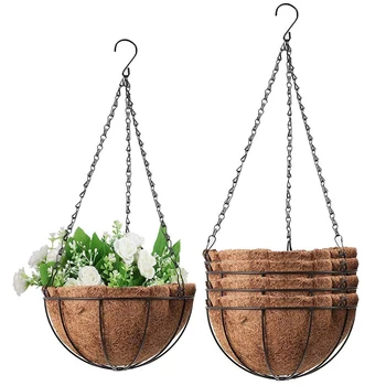 

5PCS Metal Hanging Flower Basket with Coco Coconut Shell Lining 10 Inches Decorative Outdoor Hanging Basket