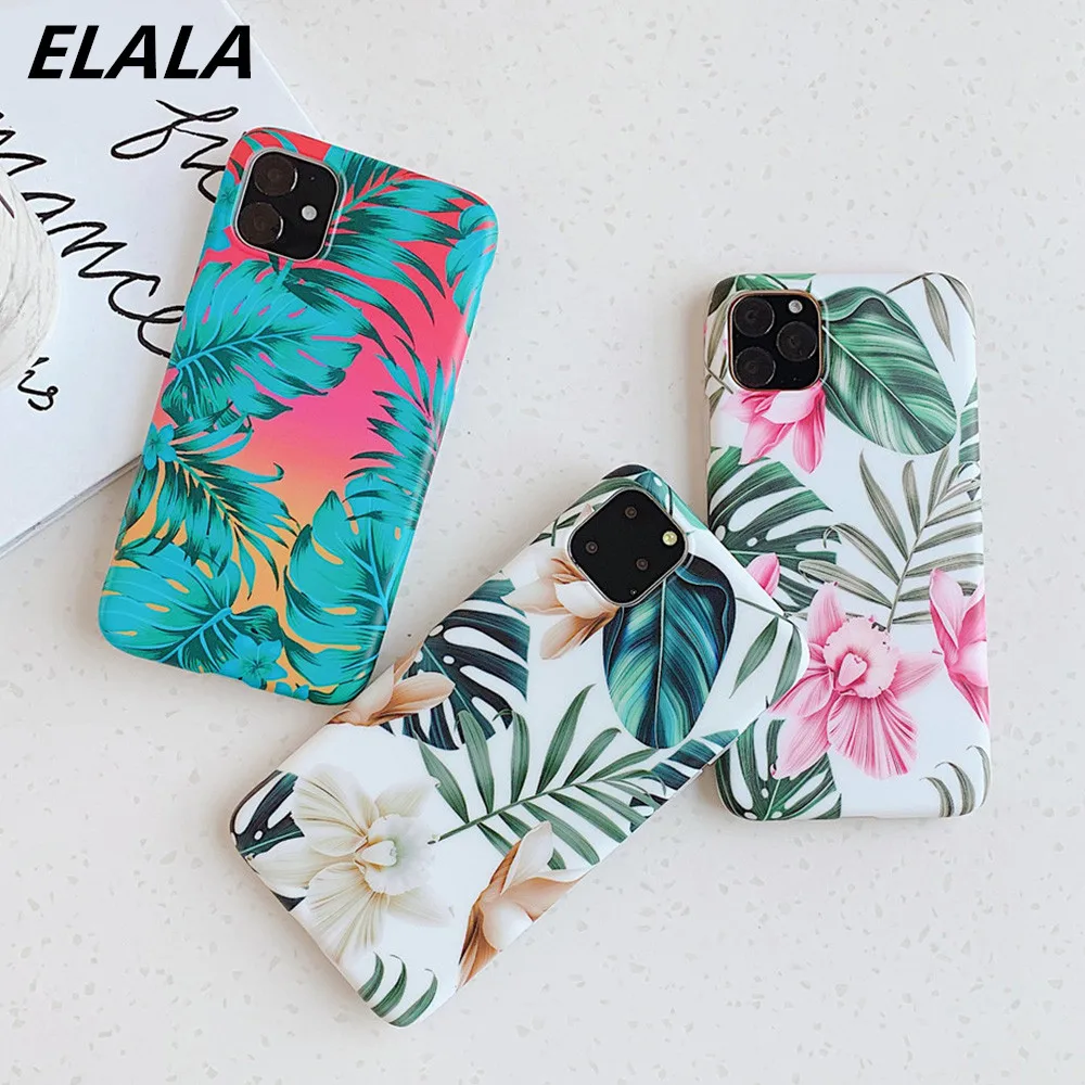 

ELALA Tropical Leaves Flower Case For iPhone 11 Pro XS Max XR X 7 8 6 6S Plus Cover For iPhone 11 Pro Max Soft Cover Matte Cases