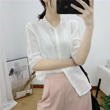 New  women s clothing  in Europe and the wind  pure color silk sleeve shirt in the hollow out flowers
