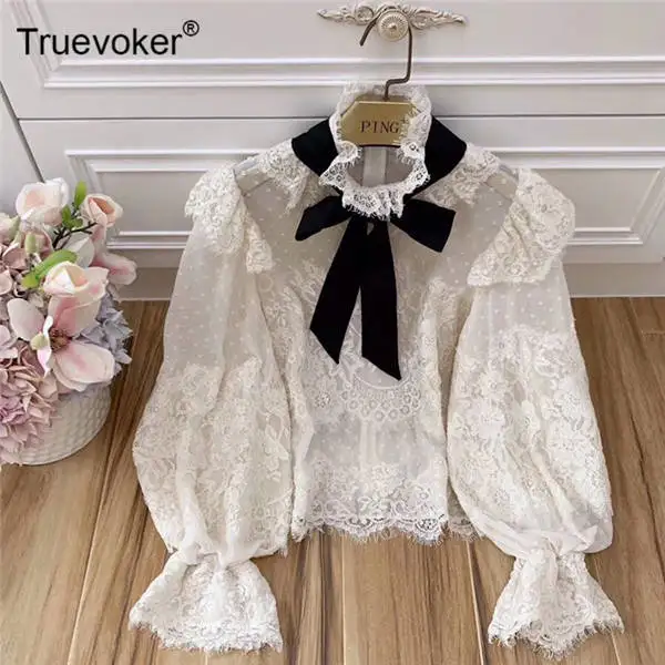 Белый Truevoker Подиумные дизайнерские блузки женские высокого класса с пышными рукавами элегантные в горошек с вышивкой кружевные осенние дизайнерские топы - Цвет: Белый