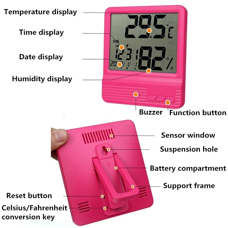 1 шт. Цифровой термометр гигрометр многофункциональный контроль температуры и влажности в помещении Отображение времени с часами 4 цвета