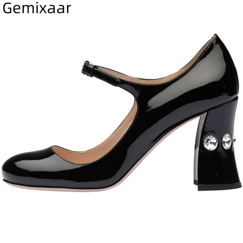 

New Coming Shoes Woman Chic Square High Heel Decor Crystal Slim Shallow Ladies Mary Janes Footwear Ankle Buckle Women Boots 43