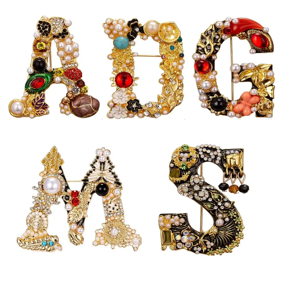 

Vintage Baroque letter brooch for Women gift Alphabet Pin Fashion Dress elegant Coat Accessories Clothing pin Cute Jewelry