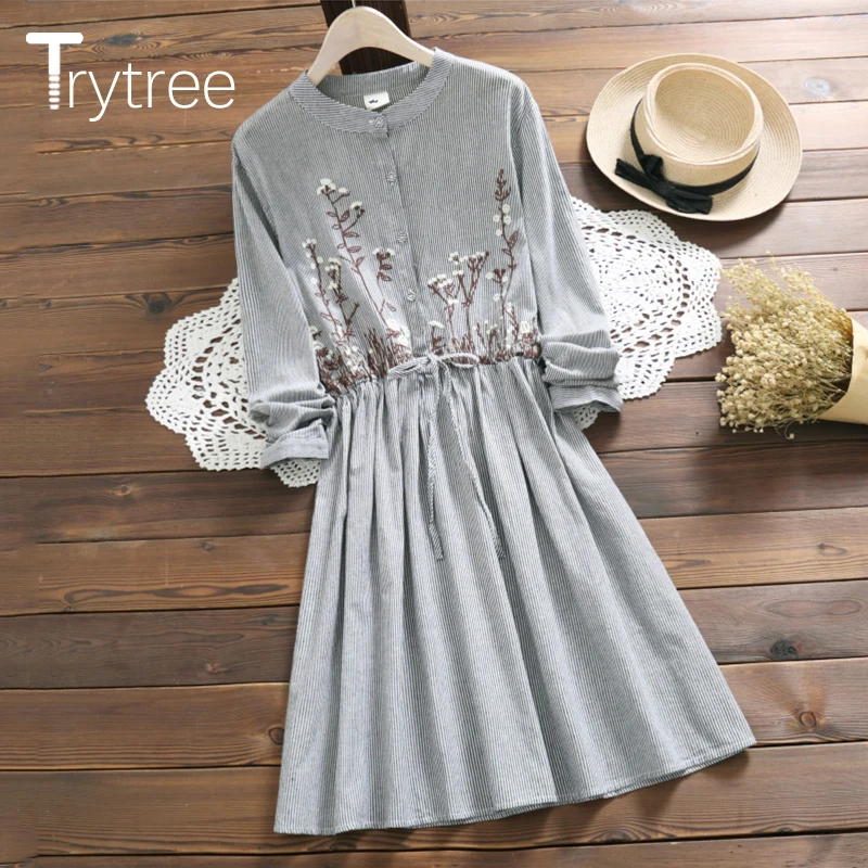 Осеннее женское платье Trytree Повседневное рубашка в полоску с круглым вырезом и