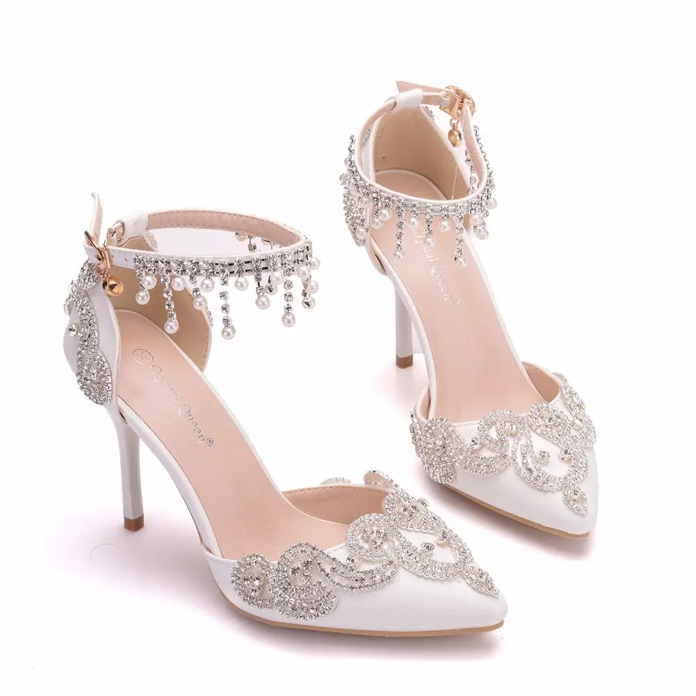 Женская обувь с кристаллами «Королева»; свадебные туфли на высоком каблуке; белые блестящие вечерние модельные туфли со стразами; обувь для невесты; сандалии с кристаллами