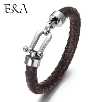 Men’s Classic Bracelet Braided Genuine Leather with 316L Stainless Steel Horseshoe Lobster Clasp Handmade Fashion Men Jewelry