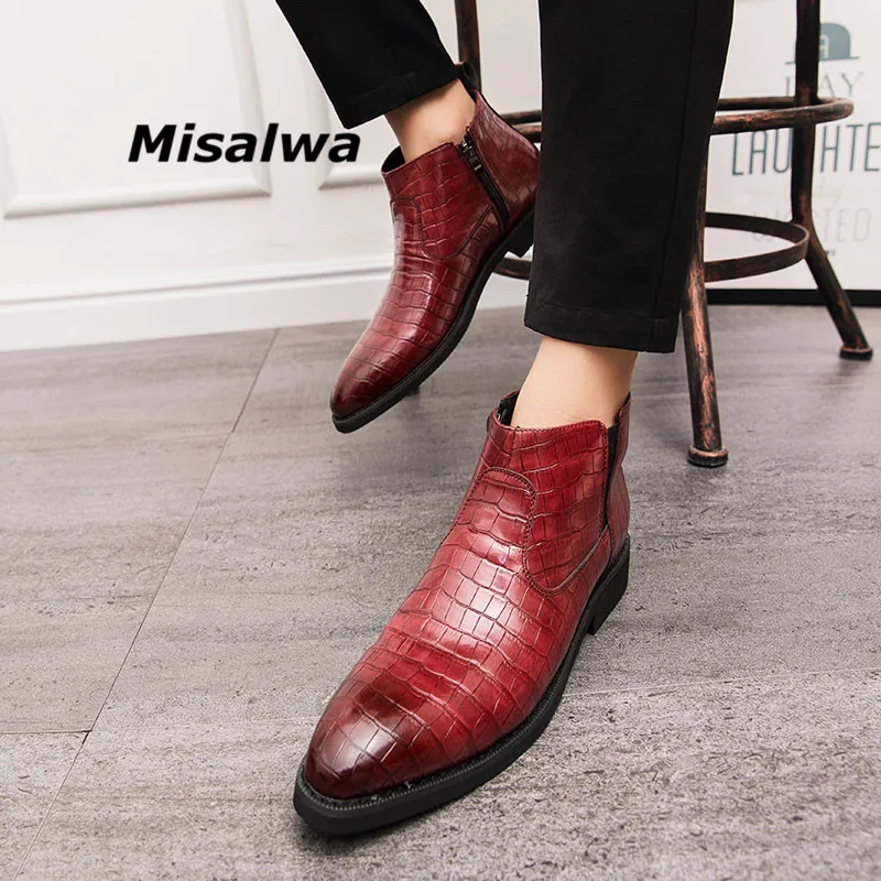 Misalwa/мужские ботинки челси из тисненой кожи; коллекция года; винтажные классические ботильоны; мужская повседневная обувь с острым носком на молнии сбоку; Цвет Красный