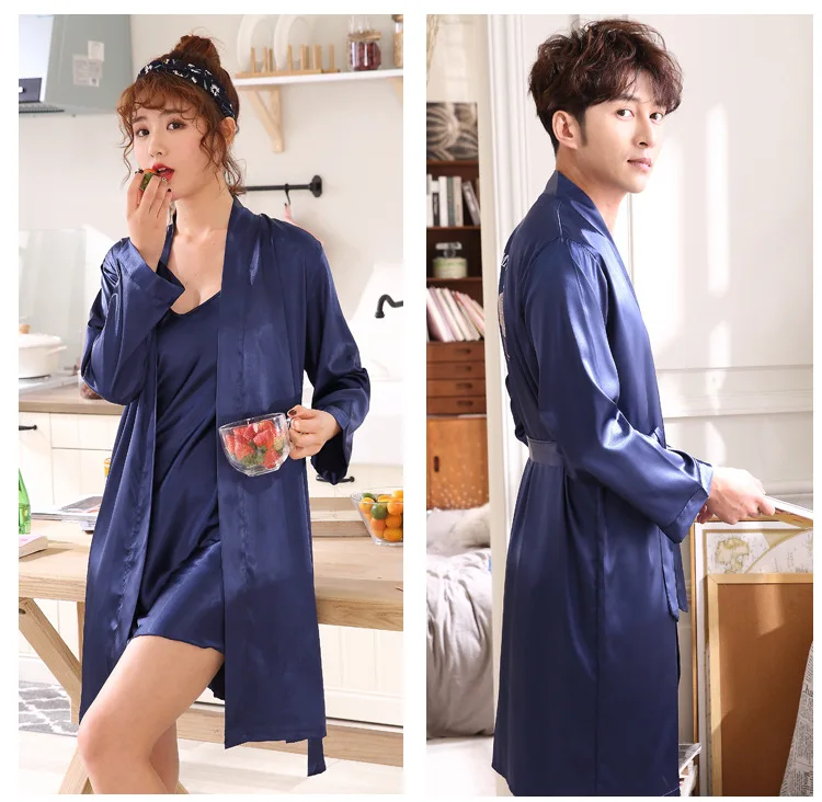 Парные халаты пижамы сексуальные пижамы Пара Модная ночнушка кимоно купальный халат мужские и женские пижамы - Цвет: Men Navy Blue