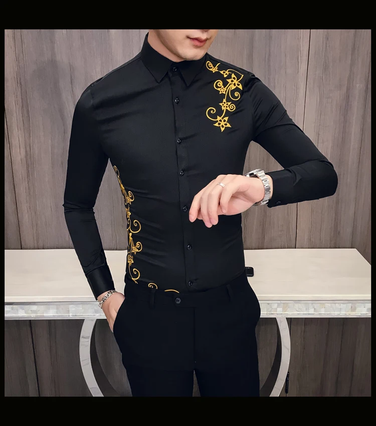 Новая Корейская вышитая рубашка мужская Kemeja Pria Slim Fit рубашка с длинными рукавами Мужская рубашка для выпускного вечера для клуба Camisa Masculina Весна